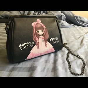 Crossbody Mini Black Purse w/ Cartoon Girl